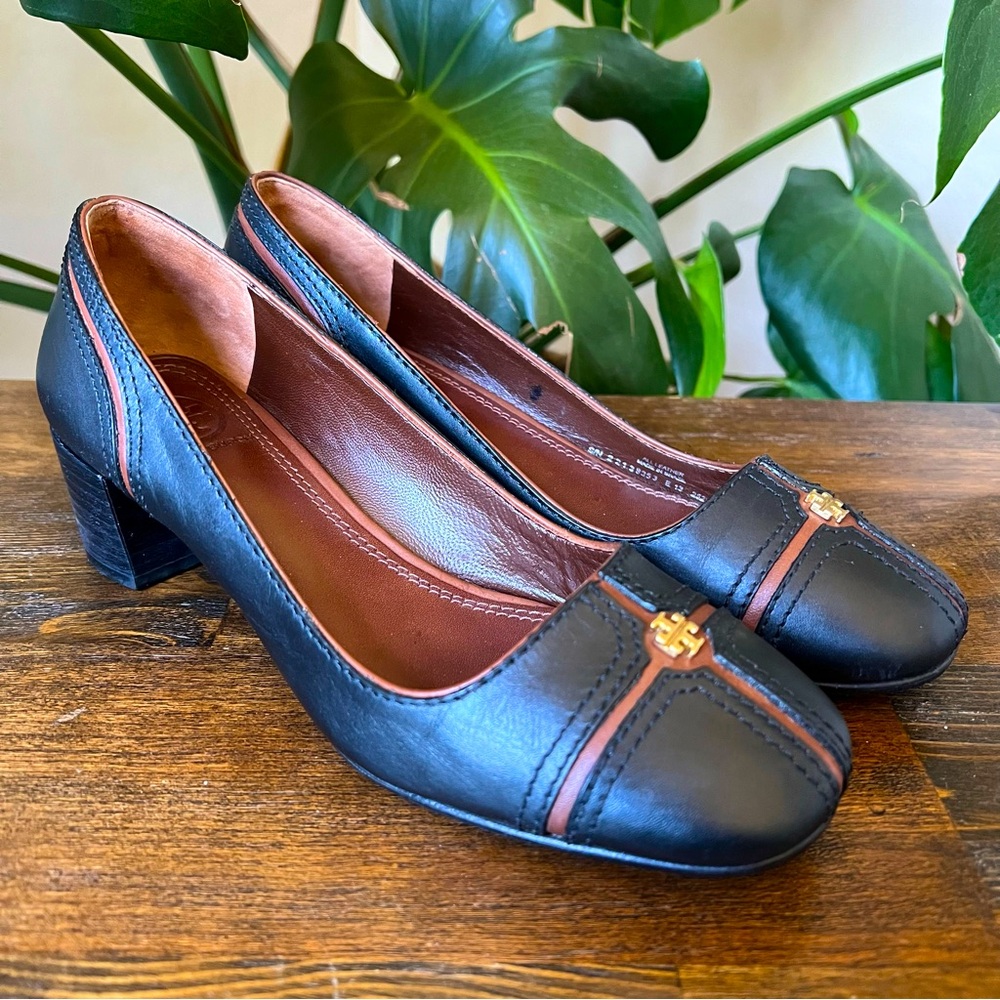 Tory Burch Black Block Heel Pumps With Brown Leather Trim US6M Used twice!